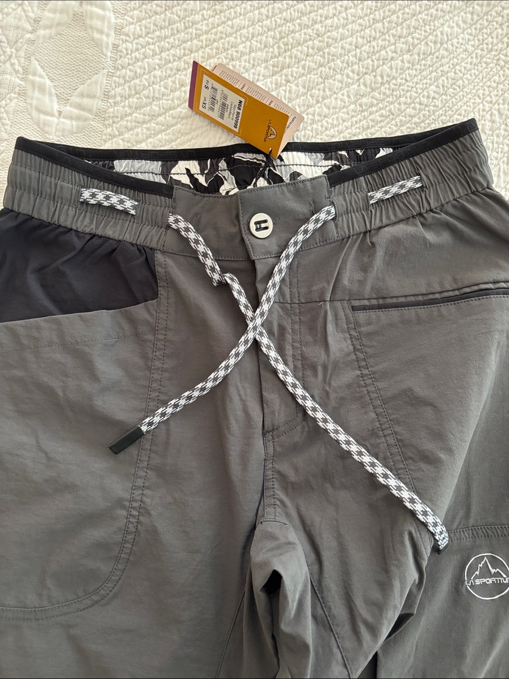 La Sportiva Men's Climbing pants- Black with White Pattern Waistband. Size XS